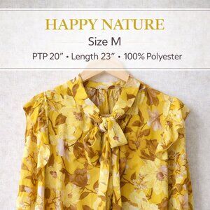 Happy Nature Yellow Floral Tie Neck Blouse Size M Romantic Ruffle Sleeve Top